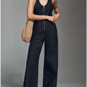 Maeve Anthropologie Sleeveless V-Neck Flare Denim Jumpsuit